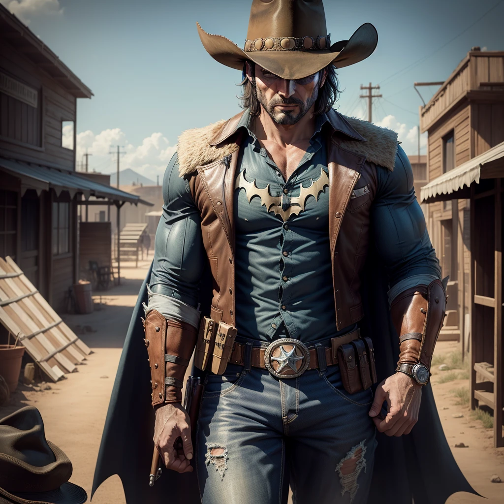 Batman in Wild West style, wearing Cowboys lather clothes, Cowboys hat and bring a pistol, in cowboy city, cinematic, extreem realistic, extreem detailed, extreem Sharp, super high resolution image, best quality photo,