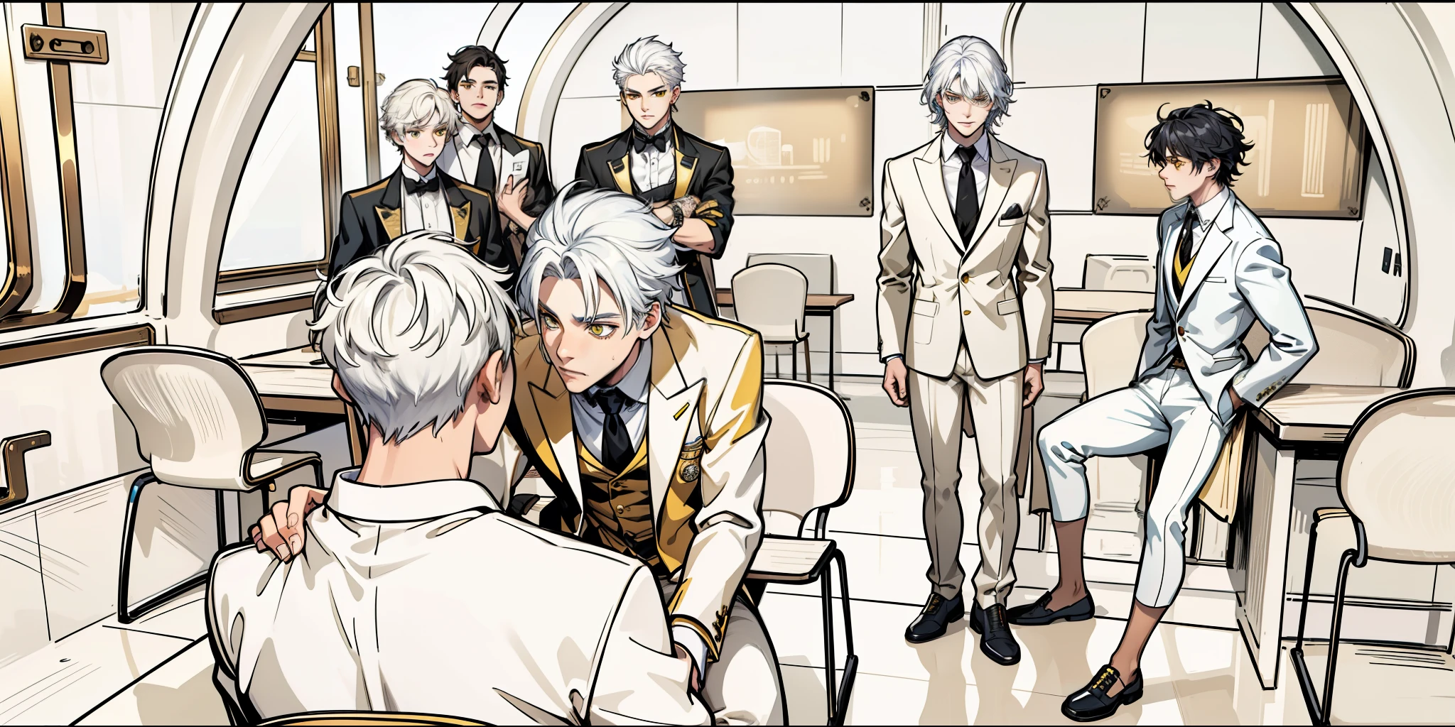 There is a boy sitting with his back turned and several young men in front of him intimidate, they only have white hair and yellow eyes, black suits with yellow gold jewelry