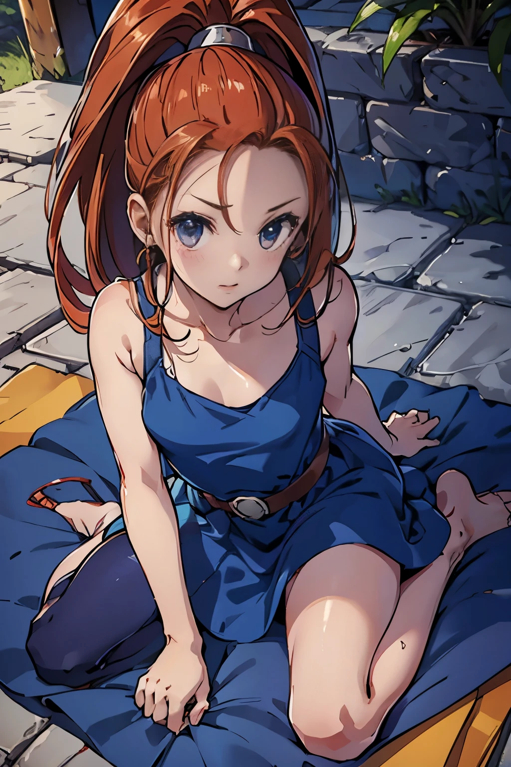 High resolution、Highest quality、Small build、Small shoulders、White skin、Long Hair、thin、dq6barbara、high ponytail、 Redhead、Wide open navy blue dress、blush、thin太もも、((No underwear、Naked from the waist up、Lying on the ground、Lying on the ground、all fours、down browse、side))、Daytime steppe