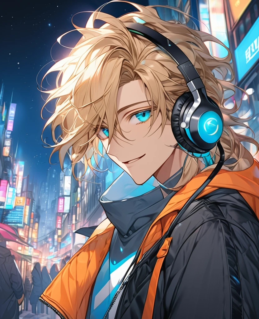 (Blonde_hair),(long_male_hair), (cyan_vibrant_eyes), (detailed_eyes), (warm_smile), (attractive), (background_colorful_night_city), (male), (detailed_Hair), (detailed), (wears_19's_outfit), (uses_headphones)