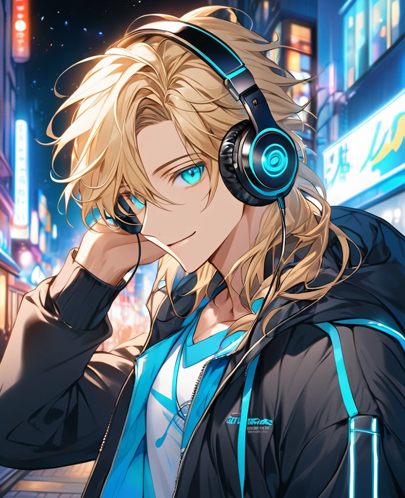  (Blonde_hair),(long_male_hair), (cyan_vibrant_eyes), (detailed_eyes), (warm_smile), (attractive), (background_colorful_night_city), (male), (detailed_Hair), (detailed), (wears_19's_outfit), (uses_headphones)