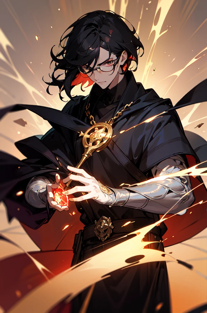 masterpiece, best quality, 1 male, young, tall muscular, handsome, finely detailed eyes, intricate details, black hair, short hair, evil face, solo, upper body, detailed dark shadow background, detailed face, good sorcerer, color magical robes, determined expression, white color scheme, dark crimson light, glowing magical runes, realistic lighting, floating particles, sparks, surrounded by gold lightning red arcane symbols, corrupted by eldritch power, bloom, glasses, gloves
