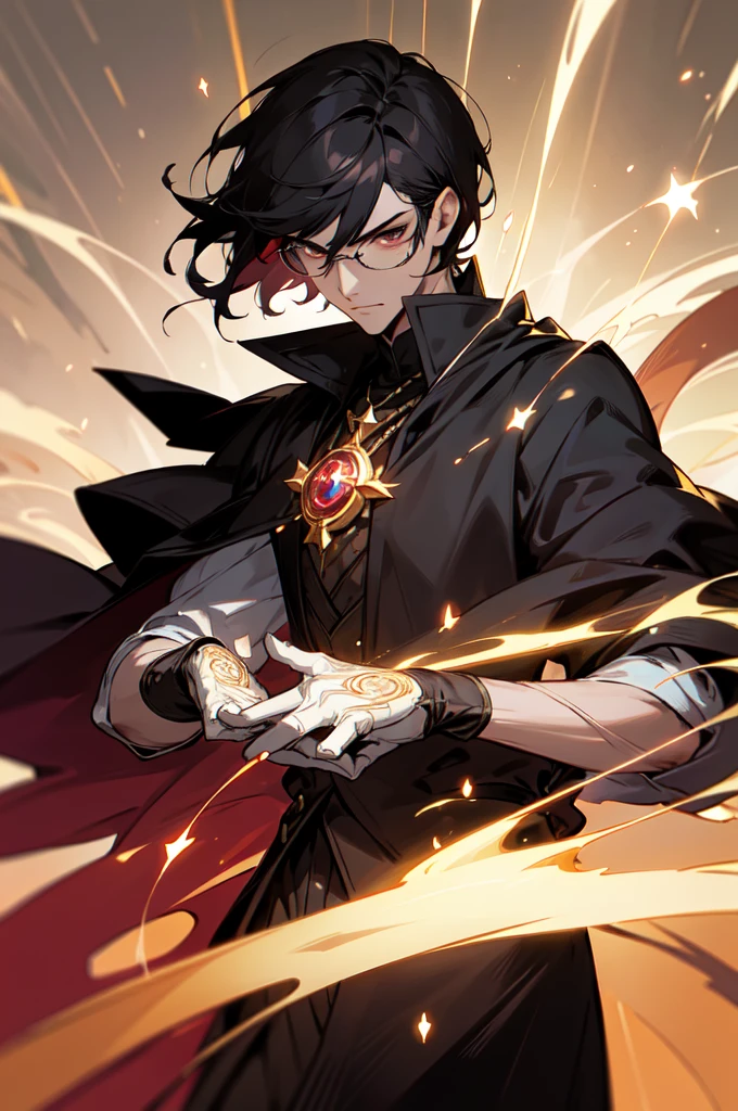masterpiece, best quality, 1 male, young, tall muscular, handsome, finely detailed eyes, intricate details, black hair, short hair, evil face, solo, upper body, detailed dark shadow background, detailed face, good sorcerer, color magical robes, determined expression, white color scheme, dark crimson light, glowing magical runes, realistic lighting, floating particles, sparks, surrounded by gold lightning red arcane symbols, corrupted by eldritch power, bloom, glasses, gloves