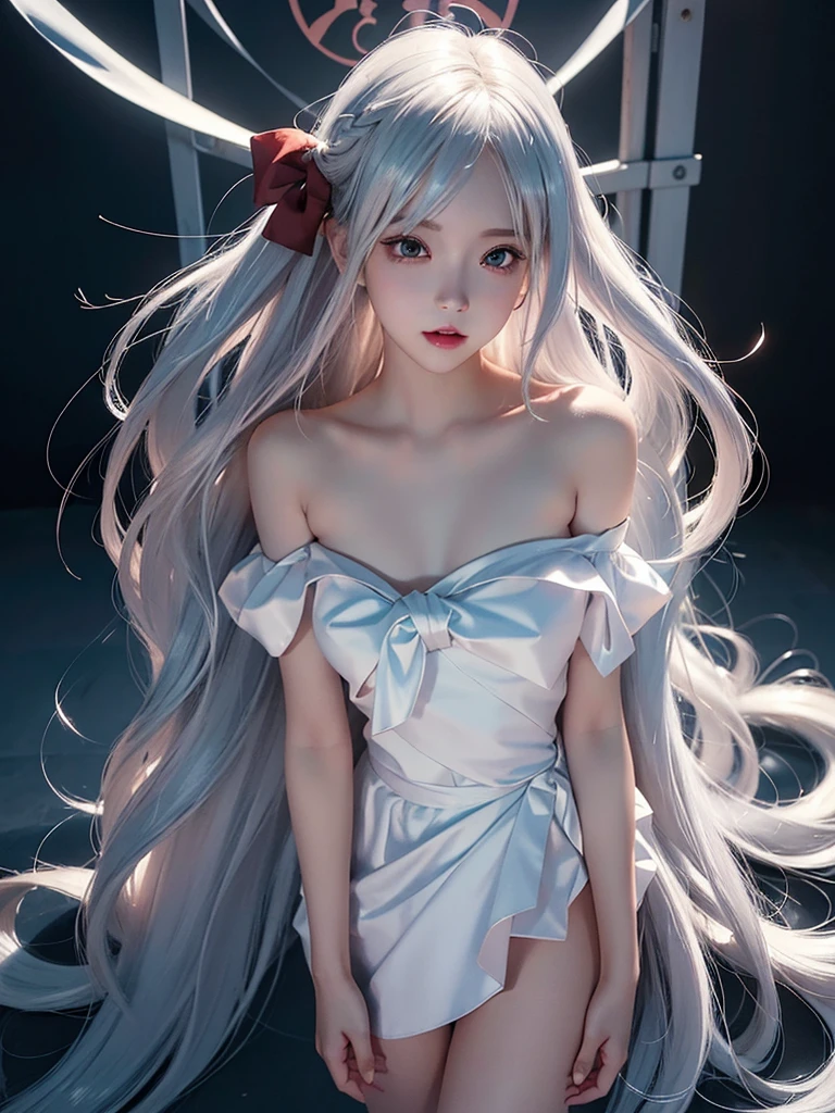 (masterpiece:1.1), (detailed:1.1), ((1girl)), (8k), medium breasts, anime girl with long silver hair, perfect platinum haired girl, seductive anime girl, girl with platinum hair, beautiful anime girl, photorealistic anime, realistic young anime girl, hyper realistic anime, realistic anime 3 d style, attractive anime girl, smooth anime cg art, anime girl, beautiful anime woman, silver haired, (brown eyes), (red bow), (cute face), rosy cheeks, (detailed face), (detailed eyes), (look like sinestrea arena of valor), (sinestrea from arena of valor), (beautiful face), full body shot, skin white, (eye left blue), (eye right brown)