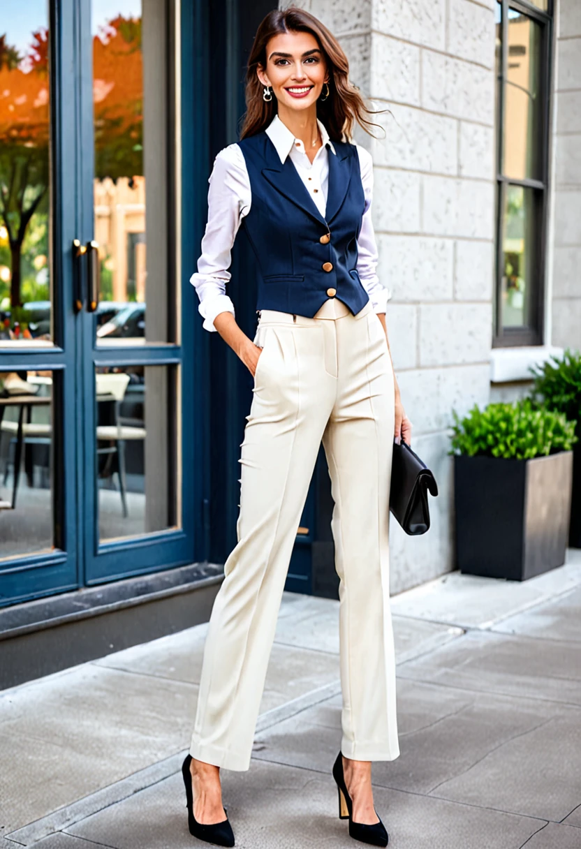 A Beautiful tall and skinny women in buttoned Solid color Vest And Long high-waisted dress pants