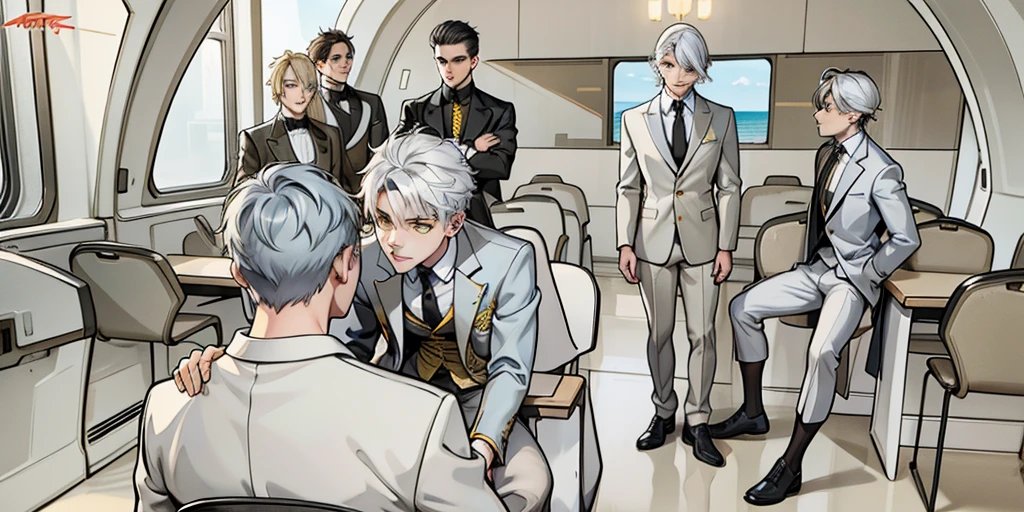 There is a boy sitting with his back turned and several young men in front of him intimidate, they only have white hair and yellow eyes, black suits with yellow gold jewelry