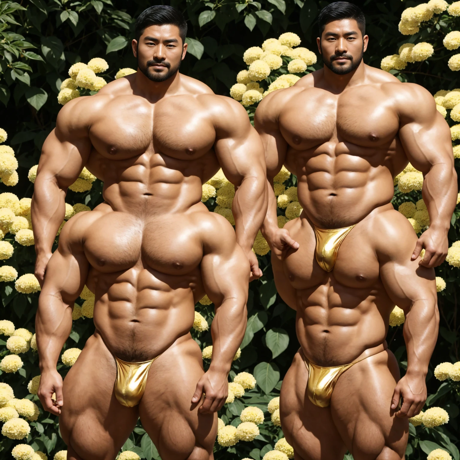 There is only one handsome Asian actor in the picture,30 years old,Tall and handsome, Toned body,short hair, O-Shaped Beard,Perfect body, Dark skin,Glowing skin,Smooth skin,The body is hairless,Muscle bulge, Muscular, Very large pectoral muscles,Very sexy abdominal muscles,Very well-developed leg muscles,Huge concave and convex area,Brightens oily skin,Wearing a gold leather shiny thong,Handsome face, Correct and accurate male body proportions, Stand among the flowers。