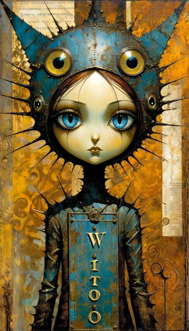 blue rusty metallic word, eyes come out of sign, word: "VICTOR" (Dave Mckean inspired art, intricate details, oil painting)
