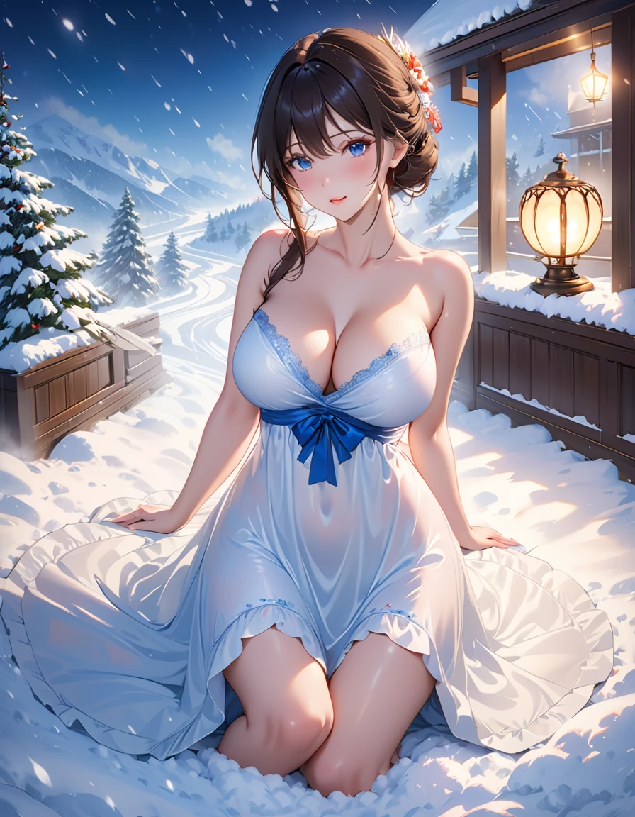 Highest quality, Super detailed, (Ultra-high resolution,8K), (Perfect , Anatomically correct), (Sensual Housewife), (Gravure pose), (Beautiful Eyes), (High-quality  beauty), (In a blizzard:1.2), (Photorealistic), (Big Breasts), Soft Skin, Glowing Skin, (Satin slip nightdress), Bright lighting, Very heavy snow, Goddess-like beauty, Friendly, (Sensual Housewife), Professional photography techniques