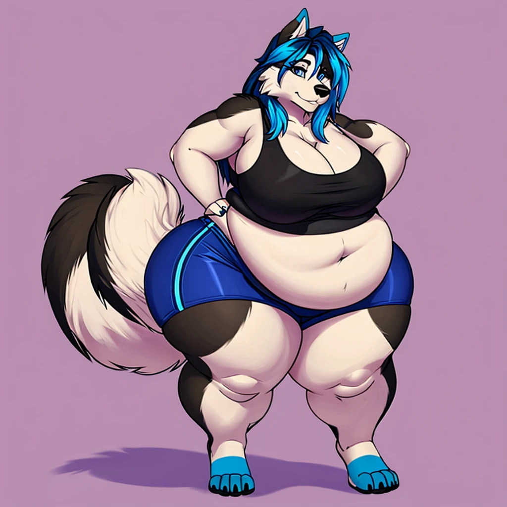 Malamute, female, long hair, gorgeous, beautiful, eyelashes, voluptuous, plump, belly rolls, fat arms, fat legs, ,tank top, shorts ,huge saggy breasts ,fringe on eye,heavy top, huge hips huge thighs heavy bottom ,sports bra,sports shorts, simple background , obese, belly rolls, fat rolls, belly rolls,belly overhang,rolled up tail, black body, blue stripes,blue highlights,blue highlights, blue highlights, blue stripes,blue hair,big belly,huge butt, blue eyes,blue thigh markings