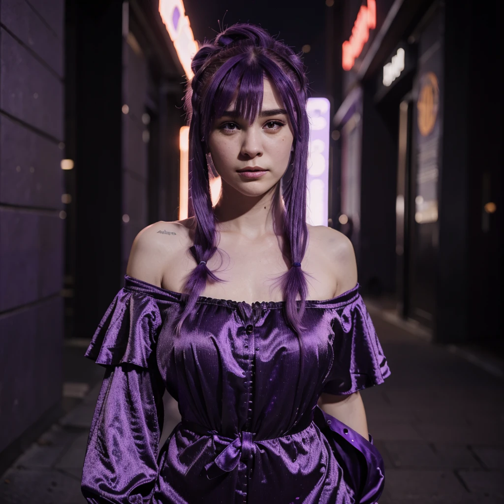 (((Venus Hum))) (((Purple hair))) half-figure shot of a woman, night city background, photo realistic, 8k