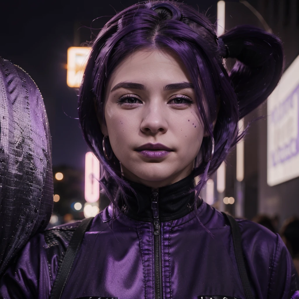 (((Venus Hum))) (((Purple hair))) half-figure shot of a woman, night city background, photo realistic, 8k