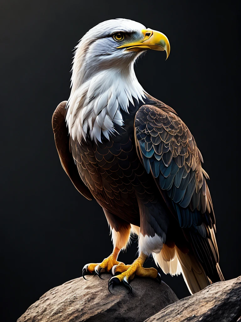 An eagle perched on a rock, colorful, yang08k, photography, beautiful, black background, masterpieces, top quality, best quality, official art, beautiful and aesthetic, realistic, tattoo style