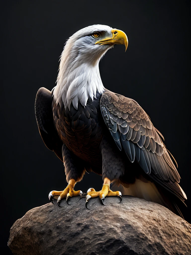 An eagle perched on a rock, colorful, yang08k, photography, beautiful, black background, masterpieces, top quality, best quality, official art, beautiful and aesthetic, realistic, tattoo style