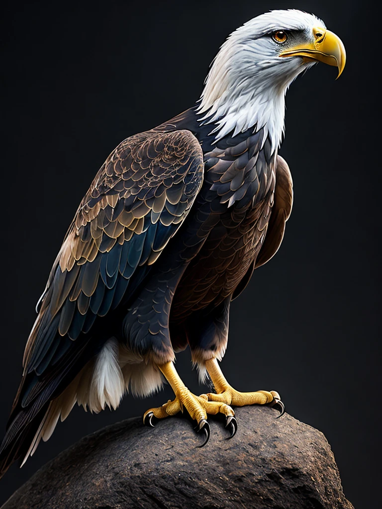 An eagle perched on a rock, colorful, yang08k, photography, beautiful, black background, masterpieces, top quality, best quality, official art, beautiful and aesthetic, realistic, tattoo style