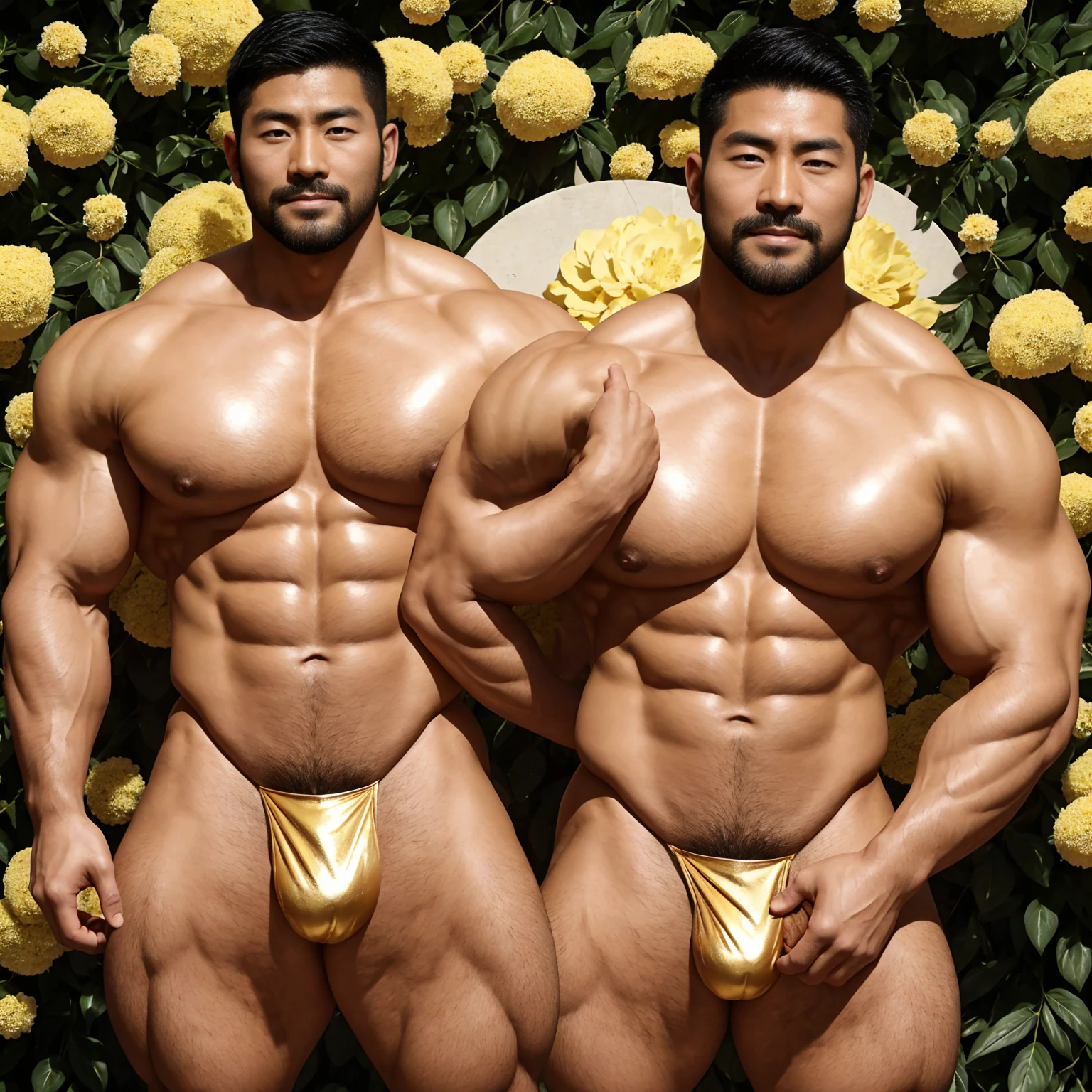 There is only one handsome Asian actor in the picture，30 years old，Tall and handsome, Toned body，short hair, O-Shaped Beard，Perfect body, Dark skin，Glowing skin，Smooth skin，The body is hairless，Muscle bulge, Muscular, Very large pectoral muscles，Very sexy abdominal muscles，Very well-developed leg muscles，Huge concave and convex area，Brightens oily skin，Wearing a gold leather shiny thong，Handsome face， Correct and accurate male body proportions, Stand among the flowers。
