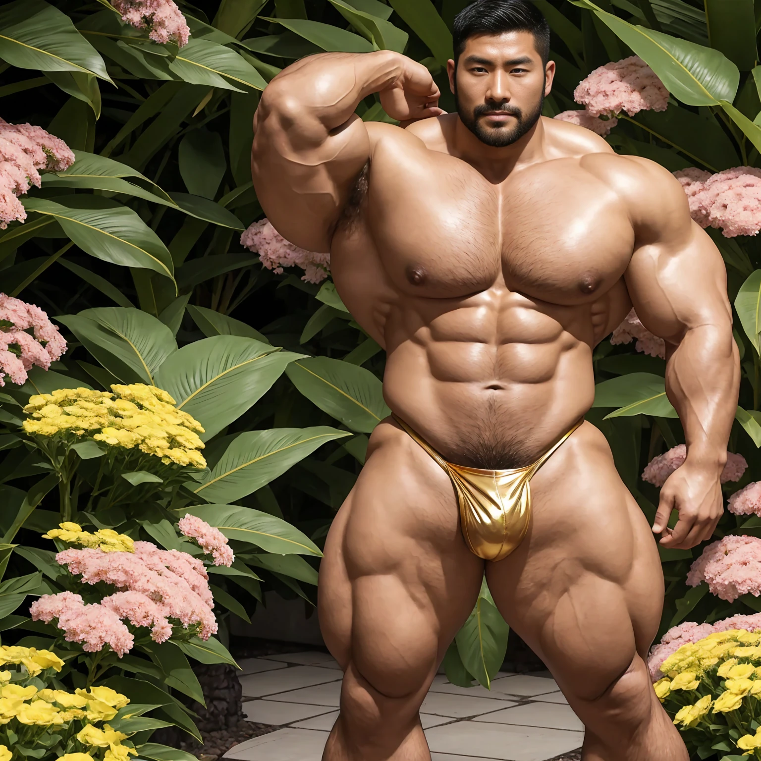 There is only one handsome Asian actor in the picture,30 years old,Tall and handsome, Toned body,short hair, O-Shaped Beard,Perfect body, Dark skin,Glowing skin,Smooth skin,The body is hairless,Muscle bulge, Muscular, Very large pectoral muscles,Very sexy abdominal muscles,Very well-developed leg muscles,Huge concave and convex area,Brightens oily skin,Wearing a gold leather shiny thong,Handsome face, Correct and accurate male body proportions, Stand among the flowers。