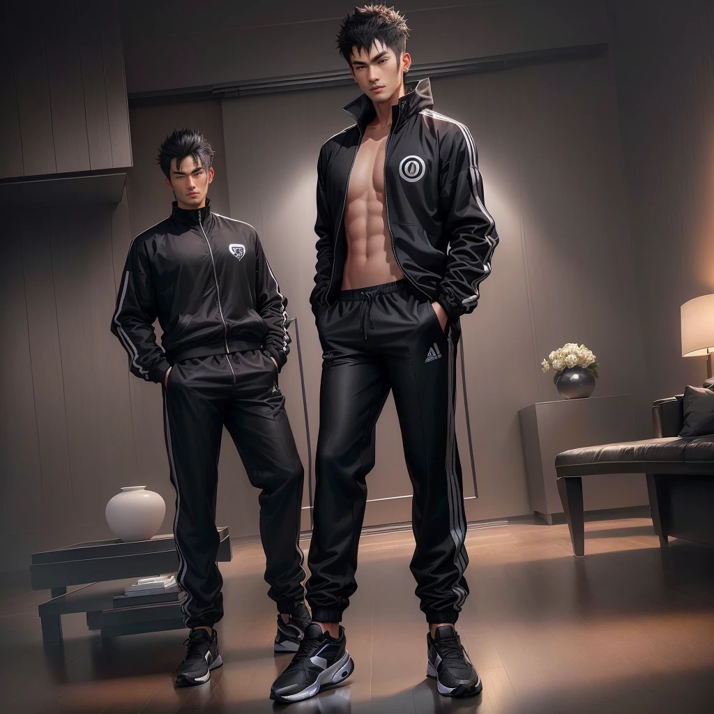 arafed man in a black jacket and black pants standing in a living room, wearing a tracksuit, wearing a track suit, inspired by Zou Yigui, full body realistic portrait, inspired by Ding Yunpeng, energetic varia suit, character full body portrait, photorealistic full body, realistic artstyle, full body character portrait, realistic clothing