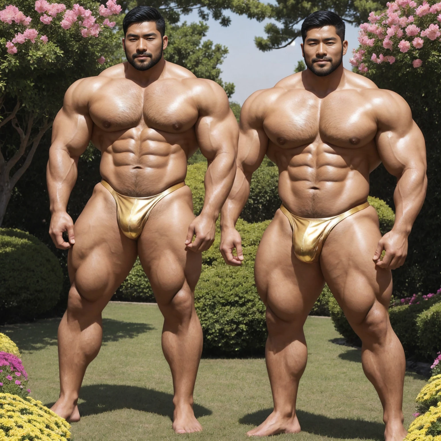 There is only one handsome Asian actor in the picture,30 years old,Tall and handsome, Toned body,short hair, O-Shaped Beard,Perfect body, Dark skin,Glowing skin,Smooth skin,The body is hairless,Muscle bulge, Muscular, Very large pectoral muscles,Very sexy abdominal muscles,Very well-developed leg muscles,Huge concave and convex area,Brightens oily skin,Wearing a gold leather shiny thong,Handsome face, Correct and accurate male body proportions, Stand among the flowers。