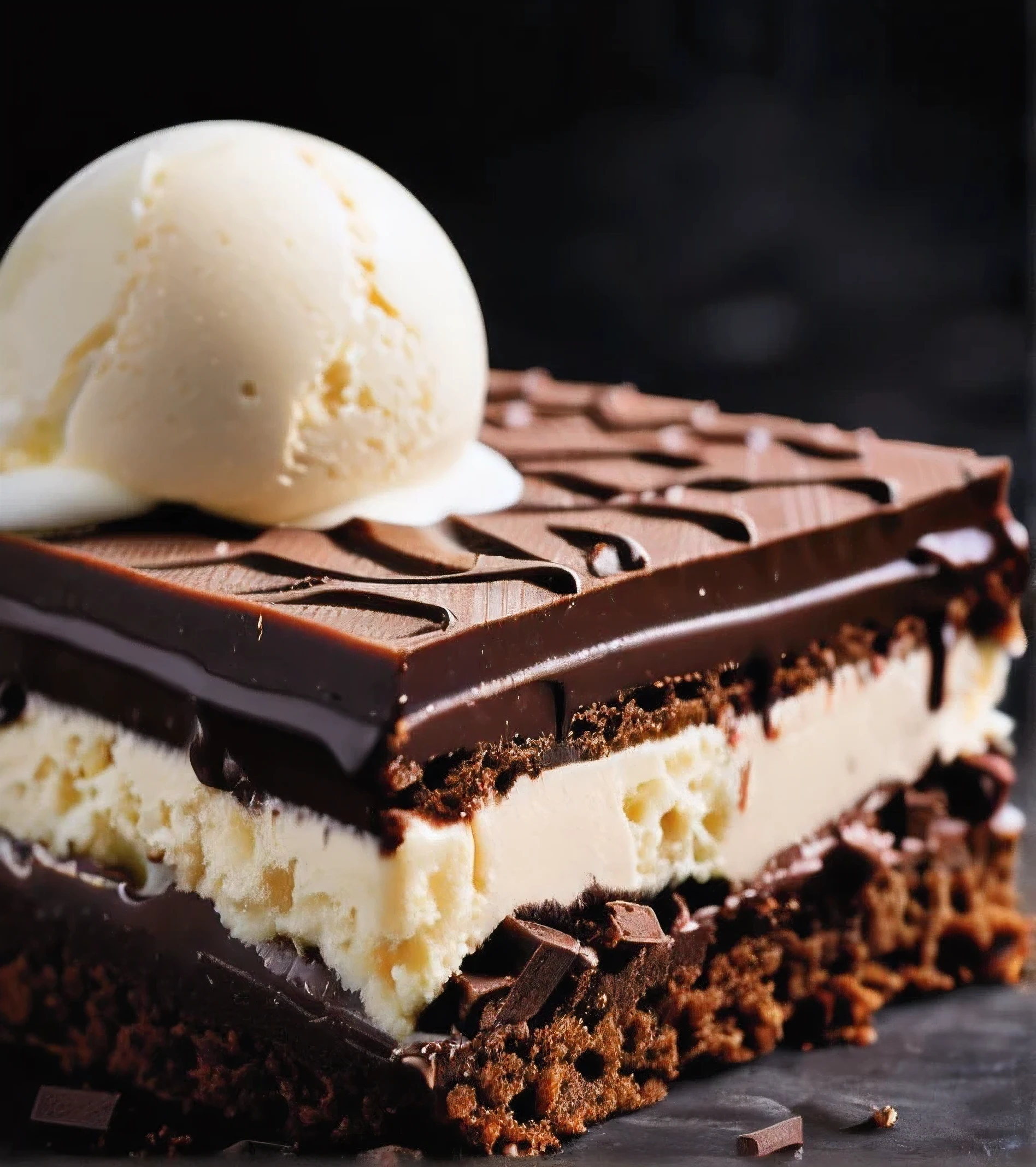cake, ice cream, chocolate, intricate detail ,dark background , HD, 8k, Photography,