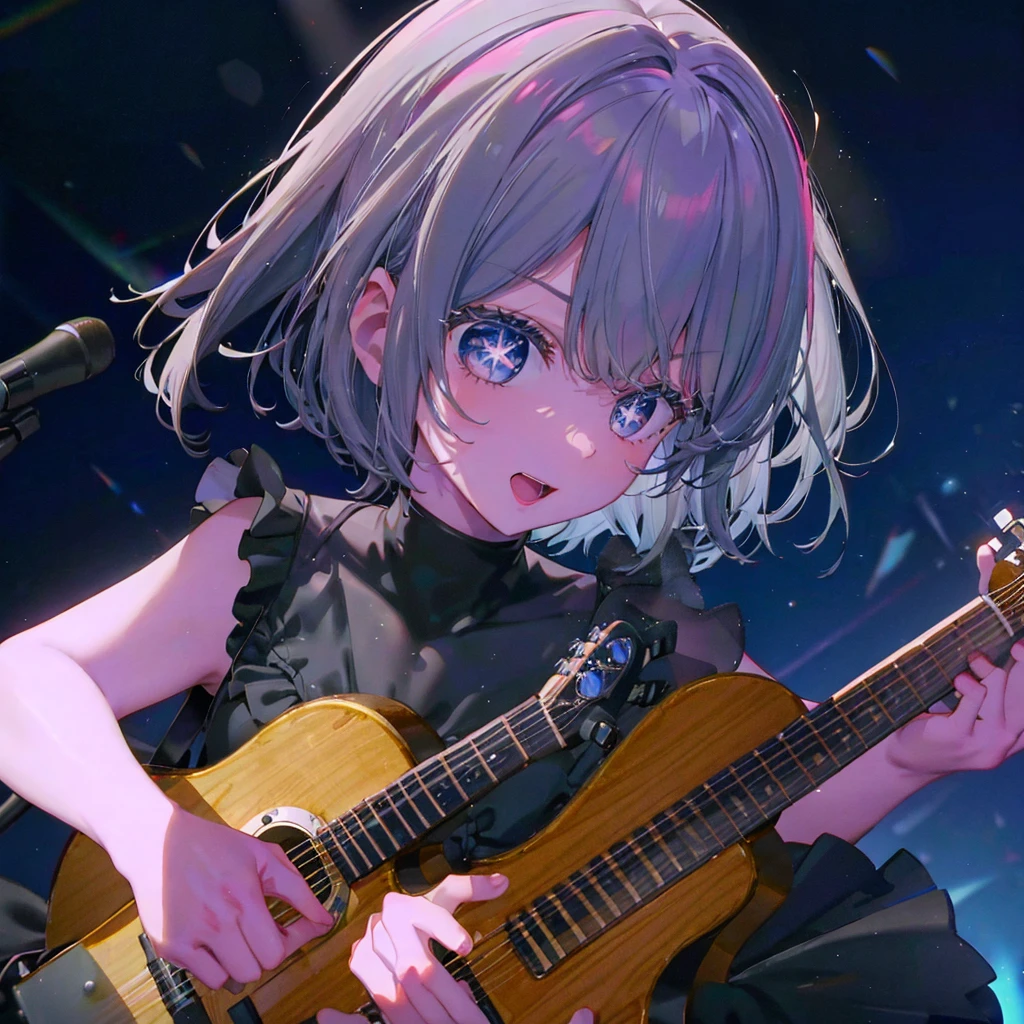 (((1 person　Gray Hair　dress　singer　blue eyes)))　((High resolution　short hair　青いdress　Black Skirt　Rin々Funny face))　((Close-up))　((Open your mouth　Shining Aura　On stage　Guitar solo))　(smile　Exposure to blue light)　Shining Background　Shining Edge