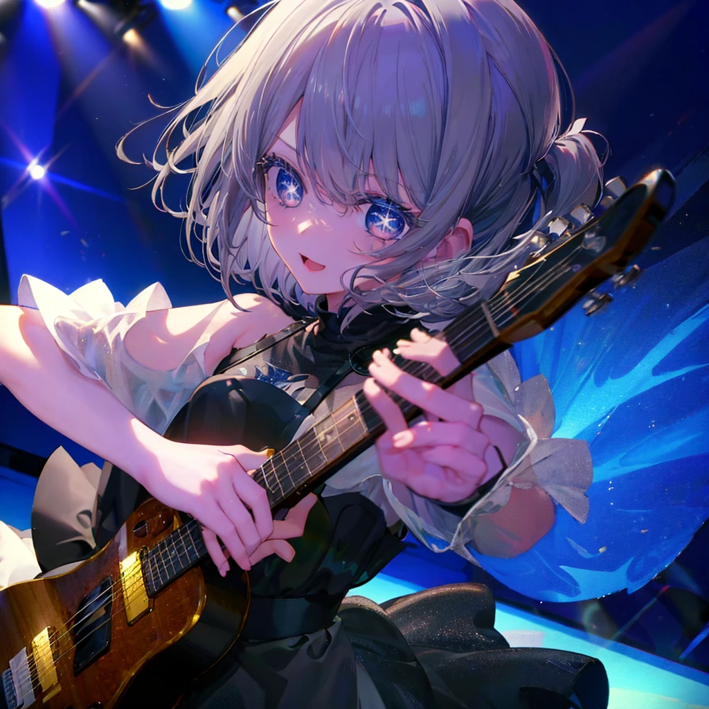 (((1 person Gray Hair dress singer blue eyes))) ((High resolution short hair 青いdress Black Skirt Rin々Funny face)) ((Close-up)) ((Open your mouth Shining Aura On stage Guitar solo)) (smile Exposure to blue light) Shining Background Shining Edge