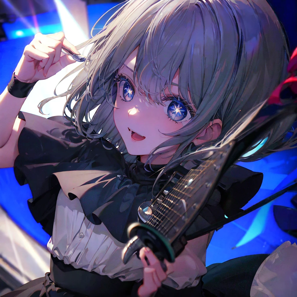 (((1 person　Gray Hair　dress　singer　blue eyes)))　((High resolution　short hair　青いdress　Black Skirt　Rin々Funny face))　((Close-up))　((Open your mouth　Shining Aura　On stage　Guitar solo))　(smile　Exposure to blue light)　Shining Background　Shining Edge