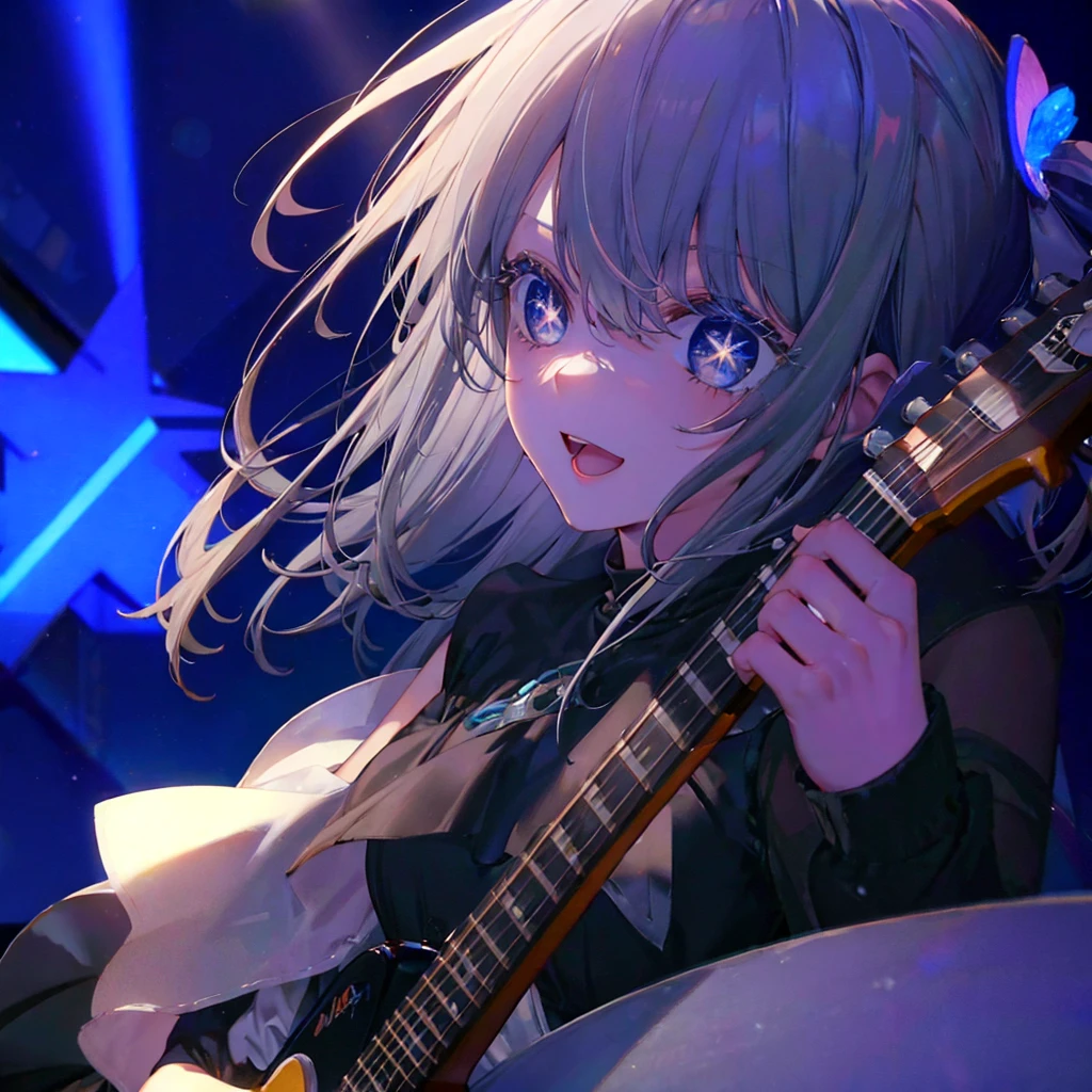 (((1 person　Gray Hair　dress　singer　blue eyes)))　((High resolution　short hair　青いdress　Black Skirt　Rin々Funny face))　((Close-up))　((Open your mouth　Shining Aura　On stage　Guitar solo))　(smile　Exposure to blue light)　Shining Background　Shining Edge