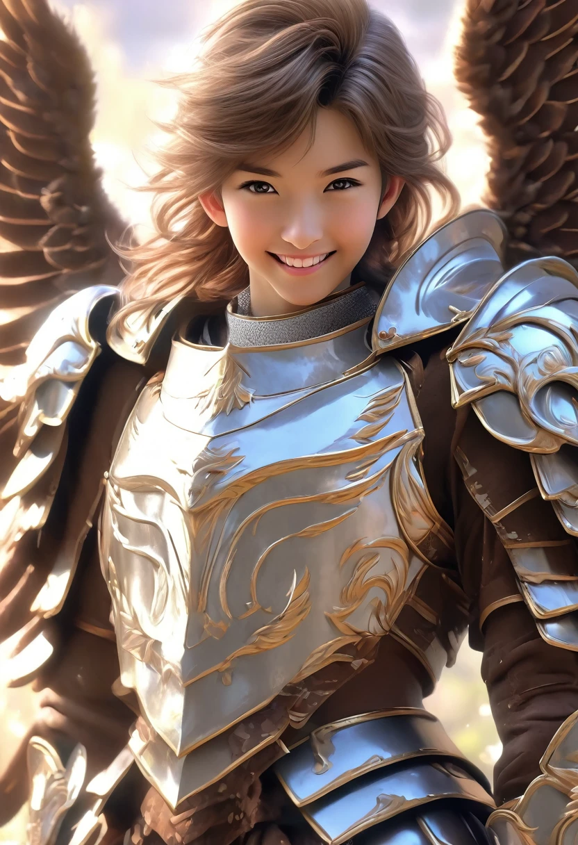 young teen in hd alone, no nudism, japanese anime with smile wearing a mythological anime pegasus armor, ultra realistic smile for the camera super clean young brown hair solo wearing armor with pegasus features in full hd