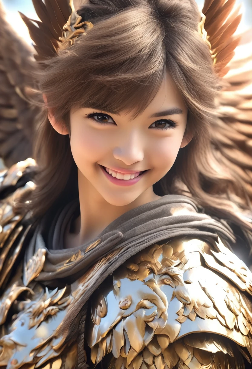 young in hd alone, no nudism, japanese anime with smile wearing a mythological anime pegasus armor, ultra realistic smile for the camera super clean young brown hair solo wearing armor with pegasus features in full hd