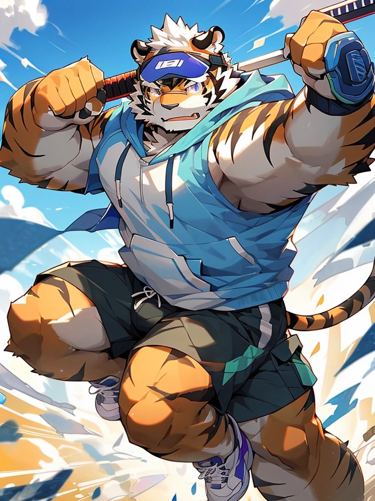 masterpiece, high quality, anime, detailed eyes, male kosutora, anthro, tiger, Great physique, strong arms manly, (((orange tiger))), (((white hair))), goatee, white eyebrows, detailed purple eyes, tall, Joyful, (dark blue short hoodie), (((shorts cargo))), sport shoes, by zixiong, red katana sword, (((visor glasses))), action pose,