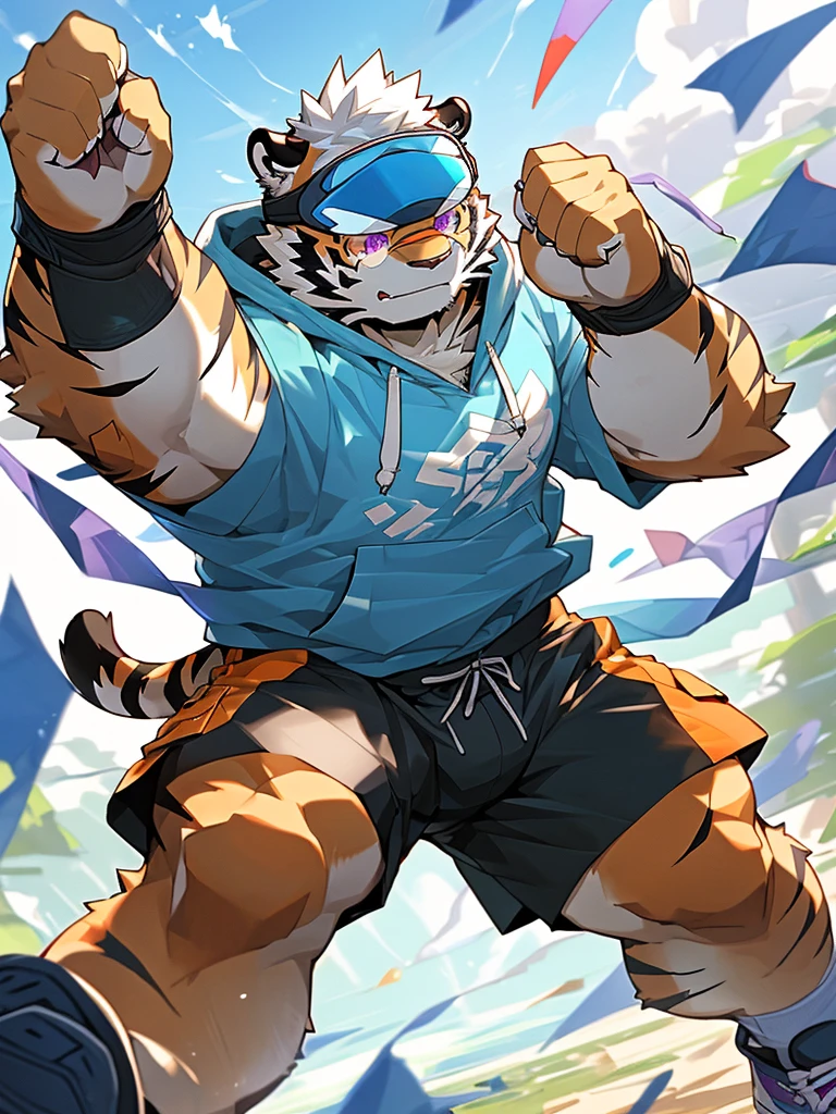 masterpiece, high quality, anime, detailed eyes, male kosutora, anthro, tiger, Great physique, strong arms manly, (((orange tiger))), (((white hair))), goatee, white eyebrows, detailed purple eyes, tall, Joyful, (dark blue short hoodie), (((shorts cargo))), sport shoes, by zixiong, red katana sword, (((visor glasses))), action pose,