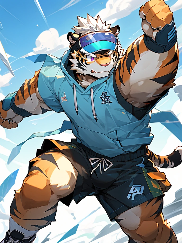 masterpiece, high quality, anime, detailed eyes, male kosutora, anthro, tiger, Great physique, strong arms manly, (((orange tiger))), (((white hair))), goatee, white eyebrows, detailed purple eyes, tall, Joyful, (dark blue short hoodie), (((shorts cargo))), sport shoes, by zixiong, red katana sword, (((visor glasses))), action pose,