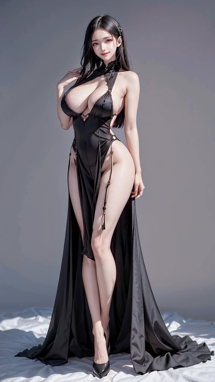 see through clothes(Full body female love:1.3),best quality, masterpiece, ultra high resolution, (lifelike:1.4), original photo, 1 female,18 years old, black hair, big eyes, Detailed eyes and face,huge breasts,split,long legs,Belted robe open ,bare shoulder,no underwear:1.5,see through clothes,Hollow material white clothes,kitchen:1.3,Smile、sleeveless costume、Extremely revealing clothing、((A young but sexually attractive girl)), Seductive pose, (camel toe), A thin body with big and ass