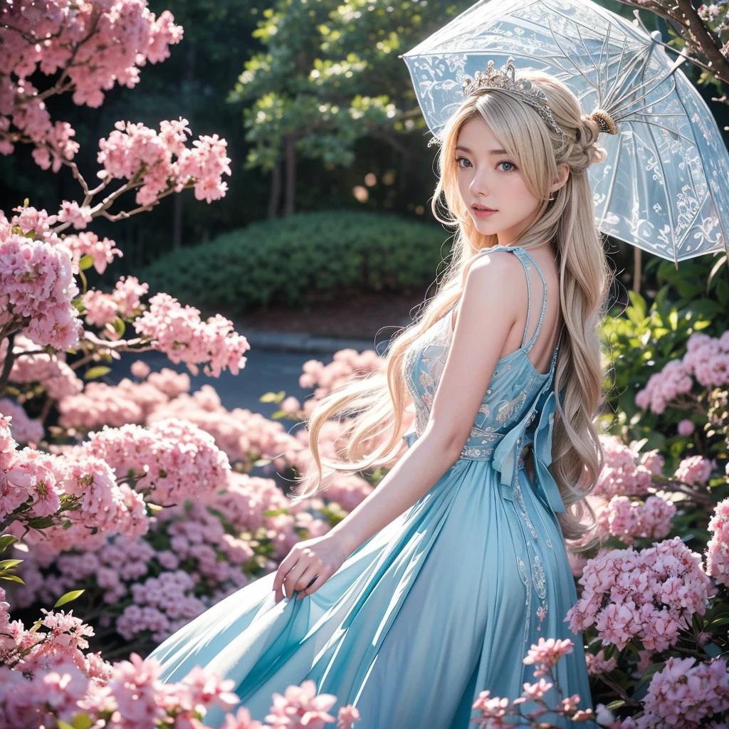 A cinematic landscape photograph featuring an elegant and charming Japanese woman. She has a slight smile and flowing blonde hair in a layered cut, gently blown by the wind. She is dressed in an intricately embroidered royal gown, adorned with a sparkling crown. She holds a transparent umbrella delicately in one hand. The setting is a beautiful garden filled with azalea trees in full bloom during autumn. The scene is enhanced with the magical effect of sky blue purple mixed gracefully creating a mesmerizing and ethereal atmosphere.