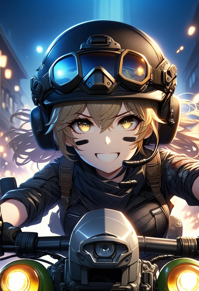 Golden hair, golden eyes with black pupils, woman, cruiser motorcycle, big chest, motorcycle goggles, happy, big smile, dirty, burning city at night, zombie apocalypse, tattered black streetwear, speeding, highly detailed, perfect eyes, well defined eyes, highly detailed eyes, expressive eyes, best quality