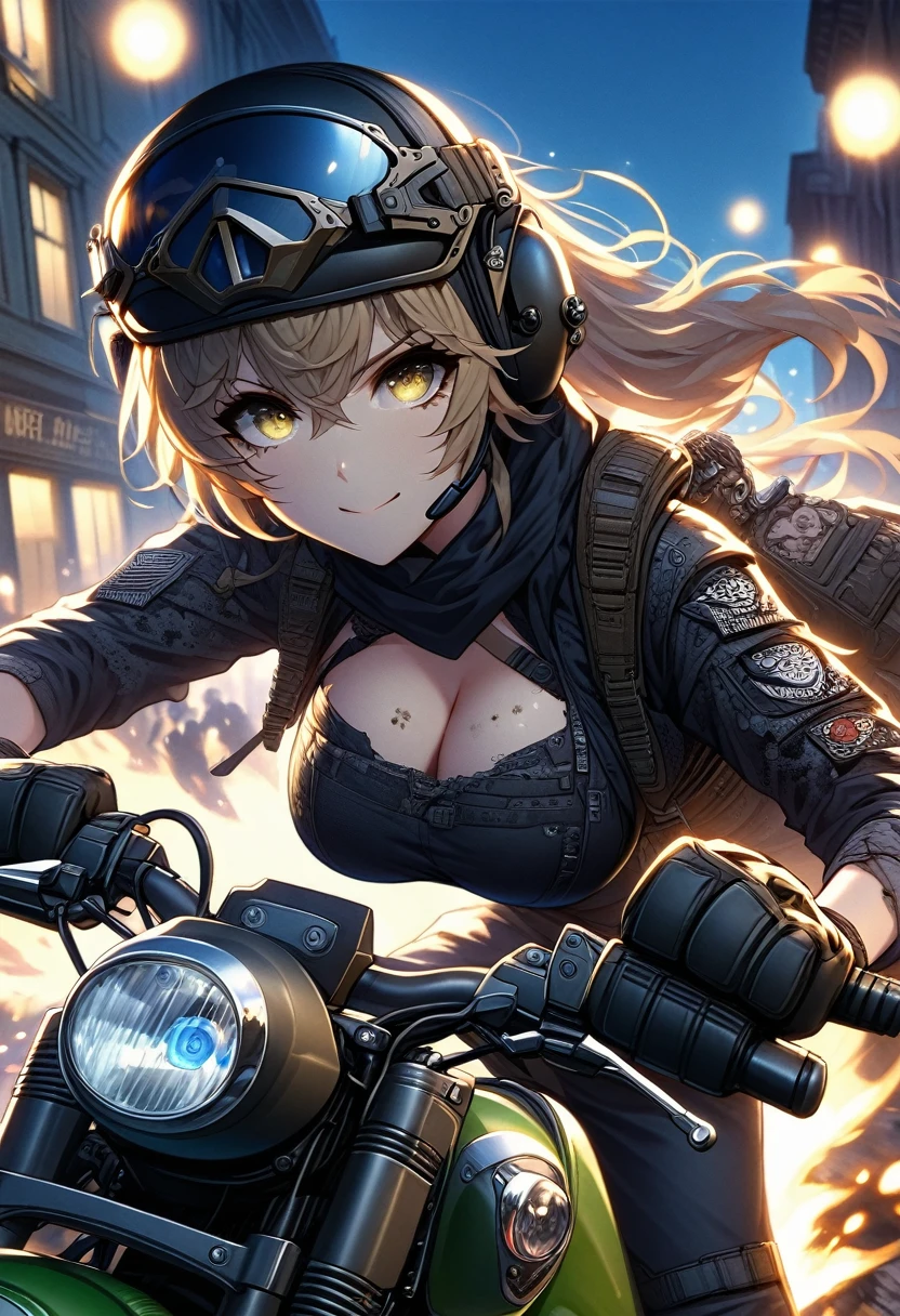 Golden hair, golden eyes with black pupils, woman, cruiser motorcycle, big chest, motorcycle goggles, happy, big smile, dirty, burning city at night, zombie apocalypse, tattered black streetwear, speeding, highly detailed, perfect eyes, well defined eyes, highly detailed eyes, expressive eyes, best quality