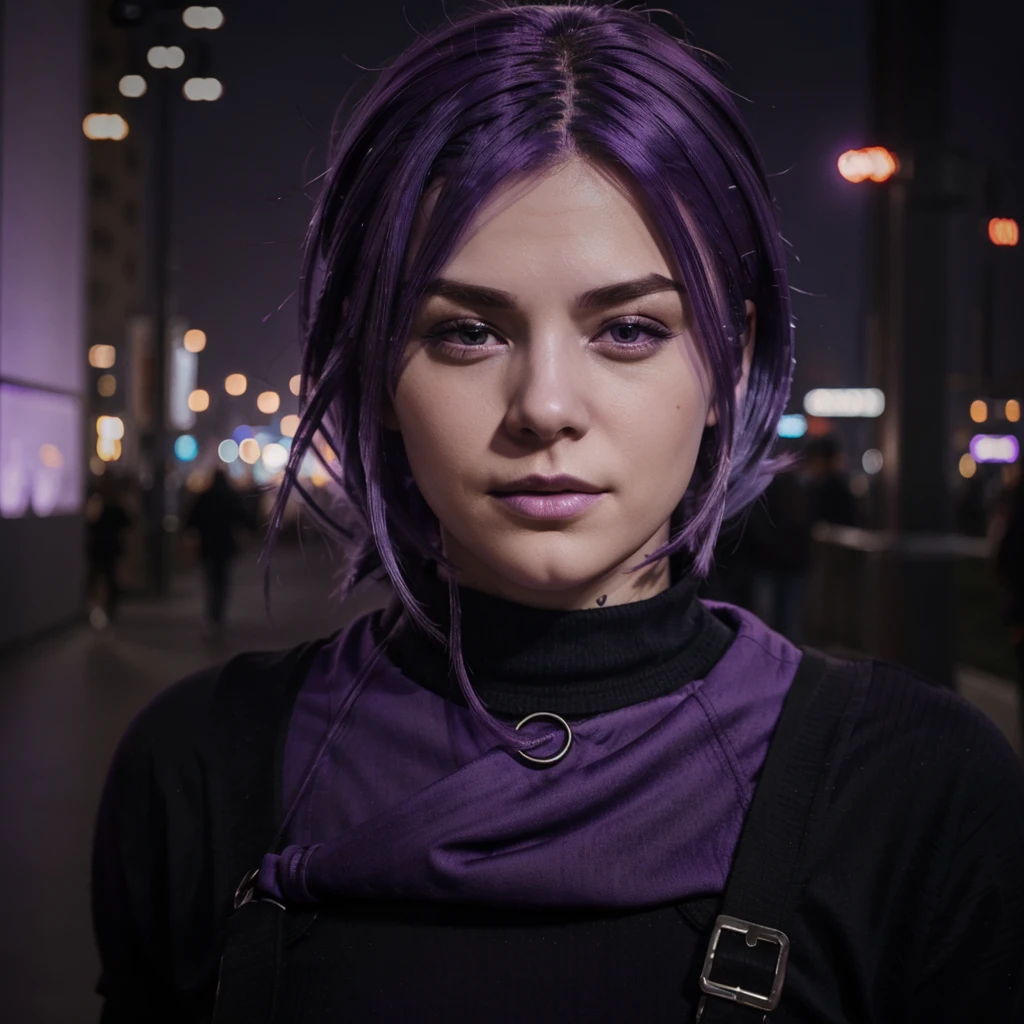 (((Purple hair))) half-figure shot of a woman, night city background, photo realistic, 8k