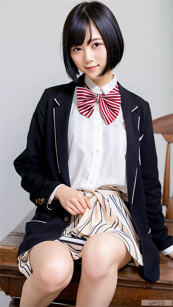 RemuSuzumori,1girl, solo, black hair, bow, white background, simple background, striped, shirt, bowtie, short hair, striped bow, white shirt, looking at viewer, , portrait, red bow, smile, bangs,