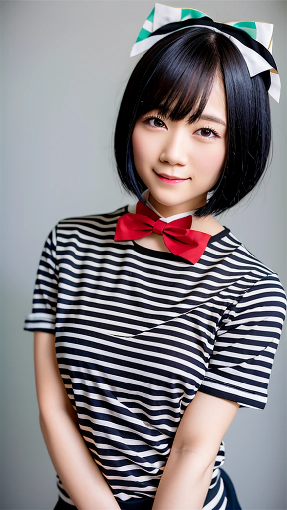 RemuSuzumori,1girl, solo, black hair, bow, white background, simple background, striped, shirt, bowtie, short hair, striped bow, white shirt, looking at viewer, , portrait, red bow, smile, bangs,