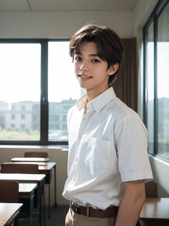 (Masterpiece, Hyperrealistic, 8k, HDR, RAW), ((Natural illumination)), window illumination, inside illumination, (((Inside a classroom))), ((handsome boy)), american boy, 14 years old, ((Angle view)), (perspective), ((looking up at viewer)), ((White shirt)), ((brown trousers)), ((brown eyes)), ((short wavy hair)), ((Small)), ((Small and skinny body)), ((brown hair)), cute face, big eyes, grin, perfect anatomy
