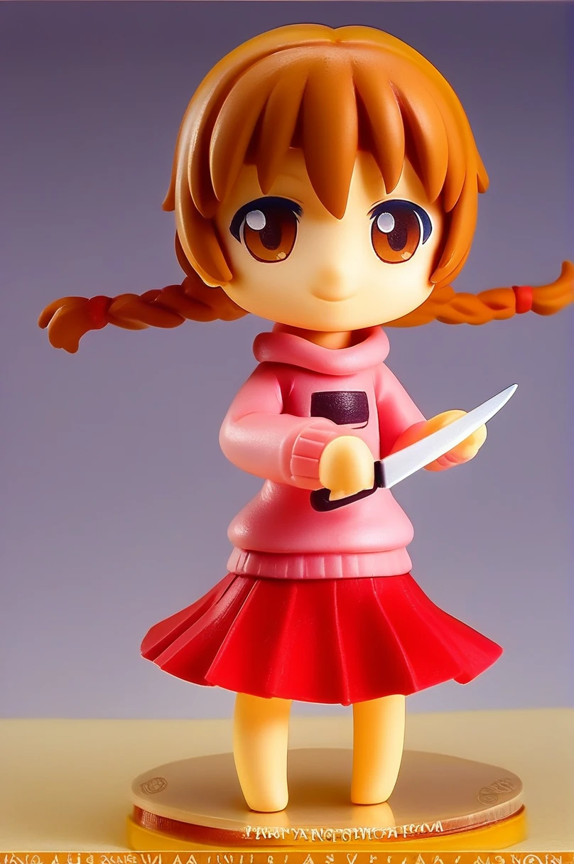 (pvc figure style:1.4), figure,score_9, score_8_up, score_7_up, score_6_up, score_5_up, score_4_up, source_anime, madotsuki, braid, hair over shoulder, long hair, twin braids, twintails, brown hair, brown eyes, long sleeves, pink sweater, pleated skirt, red skirt, skirt, sleeves past wrists, sweater, holding kitchen knife, musical note, epic pose, cowboy shot, dynamic pose, wide shot, solo, dutch angle, teenager, figure, (best quality, masterpiece), traditional media, basic background, blurry background, cowboy shoot:1.3, (foggy background, inside, clear room, on table:1.2), chibi, kawaii, cute, nendoroid, character sheet, 