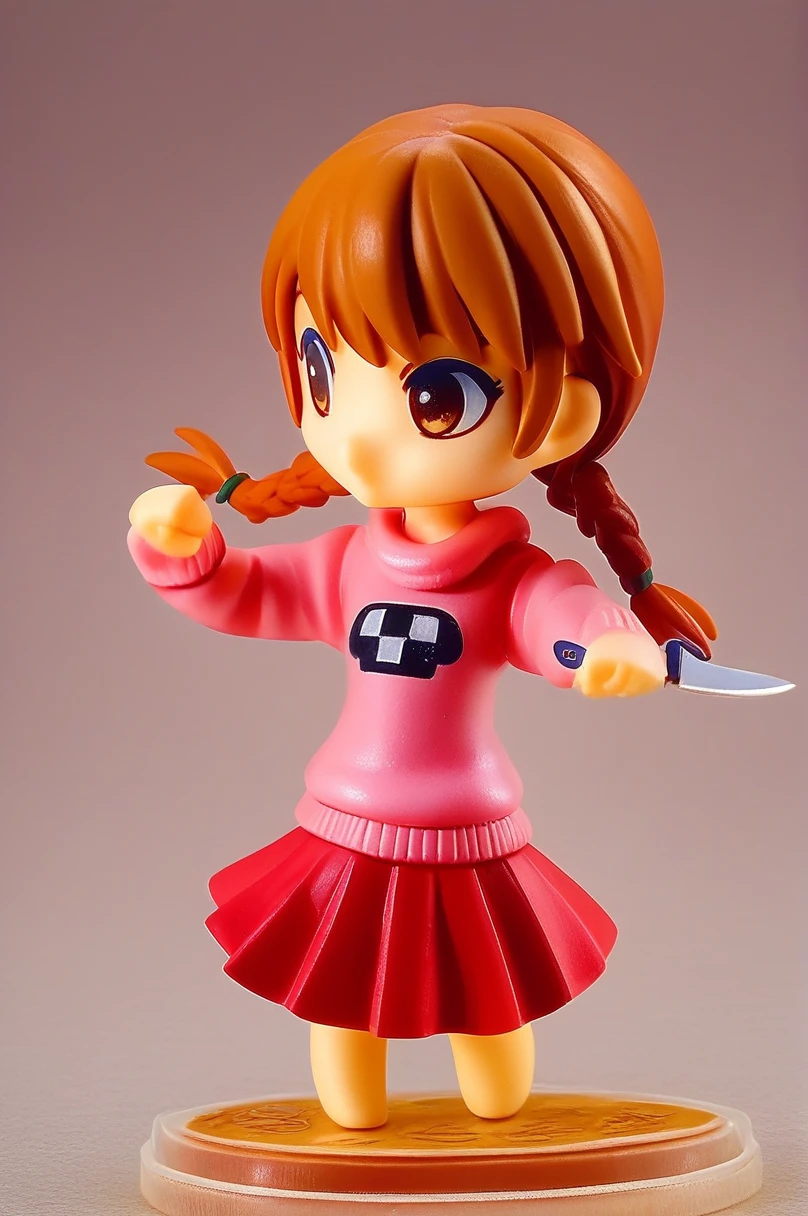 (pvc figure style:1.4), figure,score_9, score_8_up, score_7_up, score_6_up, score_5_up, score_4_up, source_anime, madotsuki, braid, hair over shoulder, long hair, twin braids, twintails, brown hair, brown eyes, long sleeves, pink sweater, pleated skirt, red skirt, skirt, sleeves past wrists, sweater, holding kitchen knife, musical note, epic pose, cowboy shot, dynamic pose, wide shot, solo, dutch angle, teenager, figure, (best quality, masterpiece), traditional media, basic background, blurry background, cowboy shoot:1.3, (foggy background, inside, clear room, on table:1.2), chibi, kawaii, cute, nendoroid, character sheet,