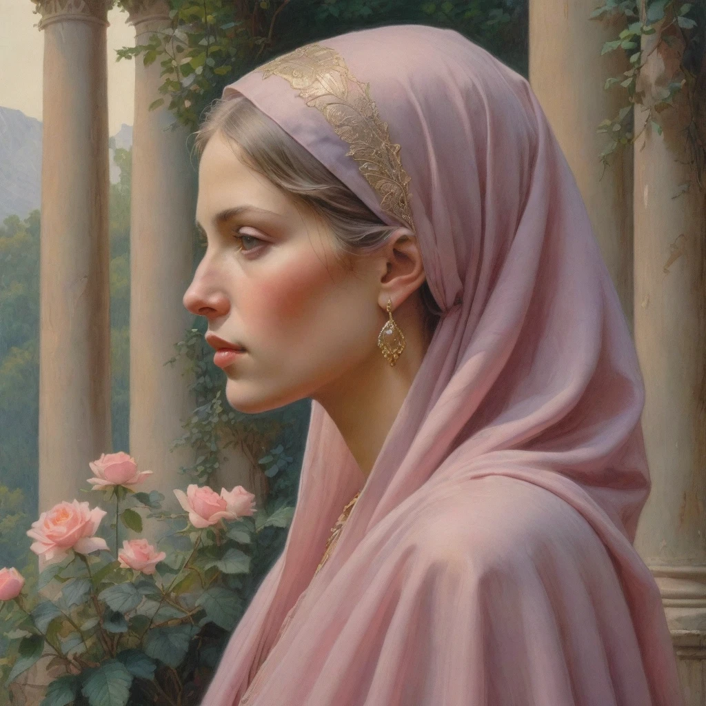 Masterpiece, ((realistic)), (propaganda poster), (((Moebius Jean Giraud))), ((((profile portrait of a veiled roman woman, young, priestess, dignified, wearing silken pink and mauve robes with detailed moth, rose elements, muted colors)))), (((Corinthian columns, jungle background, moths)))