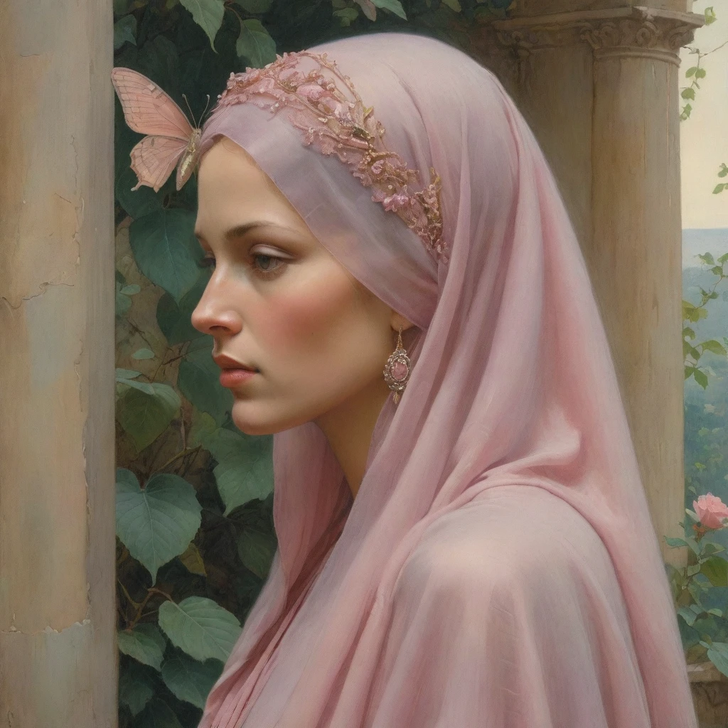 Masterpiece, ((realistic)), (propaganda poster), (((Moebius Jean Giraud))), ((((profile portrait of a veiled roman woman, young, priestess, dignified, wearing silken pink and mauve robes with detailed moth, rose elements, muted colors)))), (((Corinthian columns, jungle background, moths)))