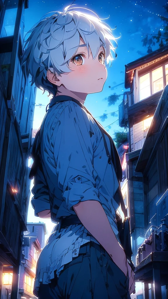 A half-body portrait of a teenage  boy with Smoky white hair, brown eyes ,wearing a black suit. Turn around and look back at the half-body image. look back. city view at night