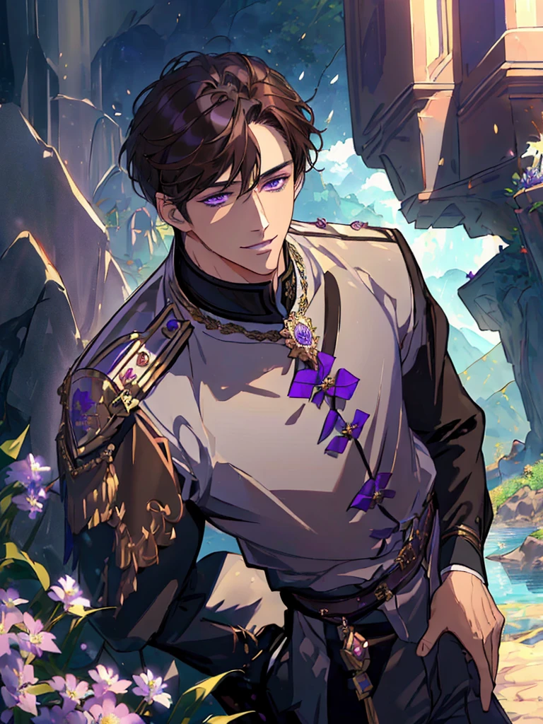 ((masterpiece:1.2、premium))、((Two men))、Brown hair、purple eyes(a handsome:1.4)、Only for boys:1.3、Uniforms、Royals、black knight、Brown hair corto、purple eyes、scar on right eye、black armor、Fancy、flowers blooming、sun lights、Fantastic light and shadow.、landscapes、Extra detailed face、portraits、a smile
