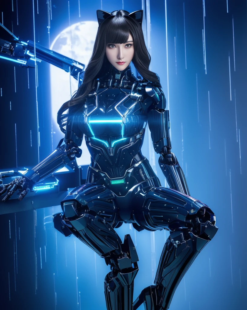 城市middle穿著未來服裝和未來派武器的動漫人物,Super Detail, High Detail, high quality, best quality, High resolution，1 female robot，Beautiful female robot,beautiful clear face(Rain waves_haneame：1.5)! Catwoman, Network Package, perfect anime robot woman, European Cyberpunk, female robot body, exist《cyberpunk2077》middle, Biomechanics OPPEIN, Wearing cyber armor, female body, Actress, Sadistic Assassin, anime robot