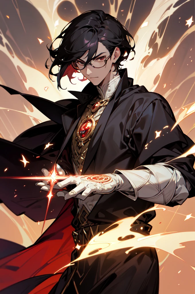 masterpiece, best quality, 1 male, young, tall muscular, handsome, finely detailed eyes, intricate details, black hair, short hair, evil face, solo, upper body, detailed dark shadow background, detailed face, good sorcerer, color magical robes, determined expression, white color scheme, dark crimson light, glowing magical runes, realistic lighting, floating particles, sparks, surrounded by gold lightning red arcane symbols, corrupted by eldritch power, bloom, glasses, gloves