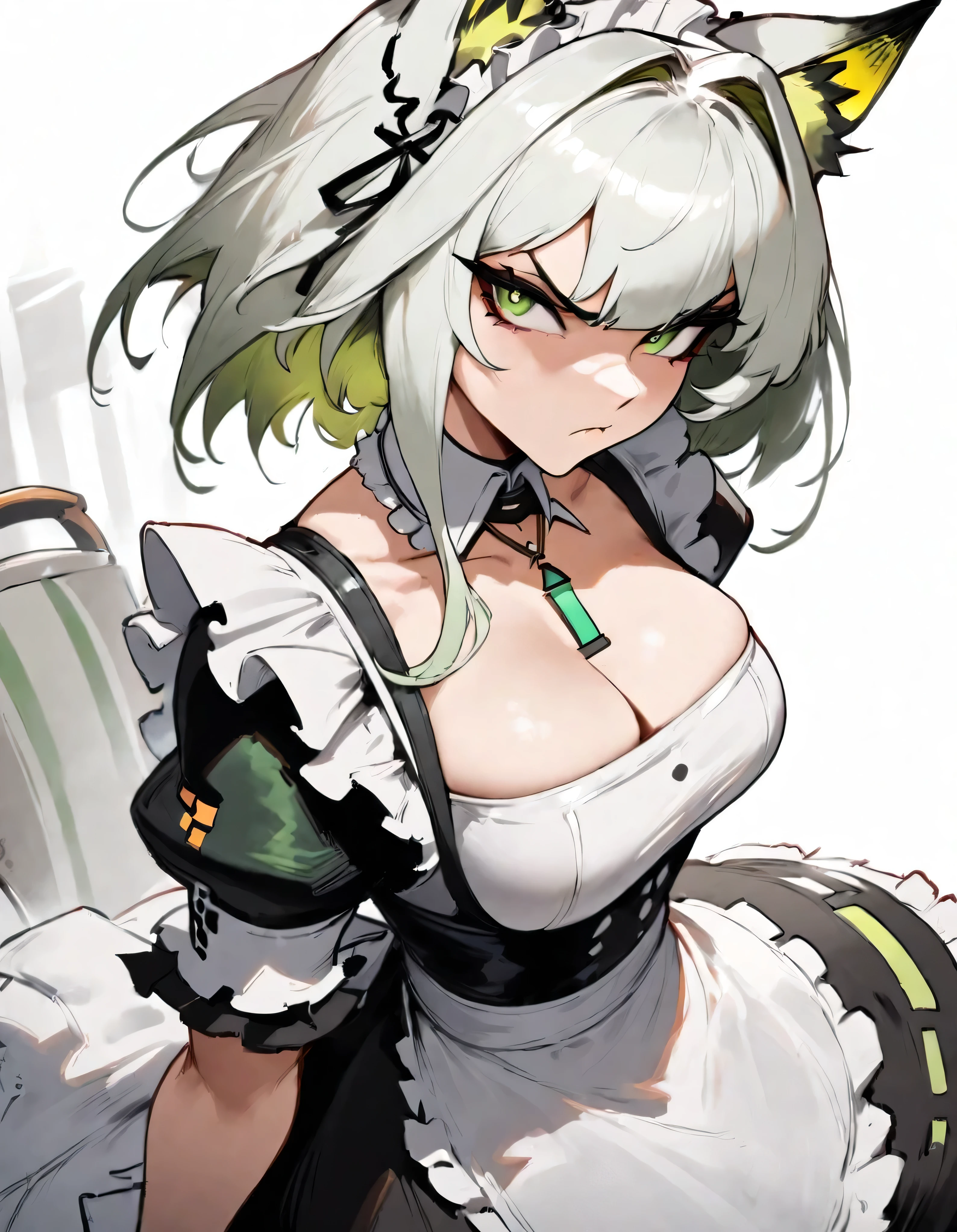 1girl, kal'tsit \(arknights\), arknights \\\\\ masterpiece, best quality, very aesthetic, absurdres, newest \\\\\\ slim body,///// ,by nyantcha,cutesexyrobutts , by khyle,,////// beautiful face, sexy, serious, angry, green eyes, animal ears, big tits,victorian maid
, solo,maid uniform, ,skirt, black and white clothes, white background